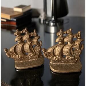 ANTIQUE CAST IRON SHIP BOOKENDS SET Marked 501 GOLD 4” Spelter Sailing 1912-28